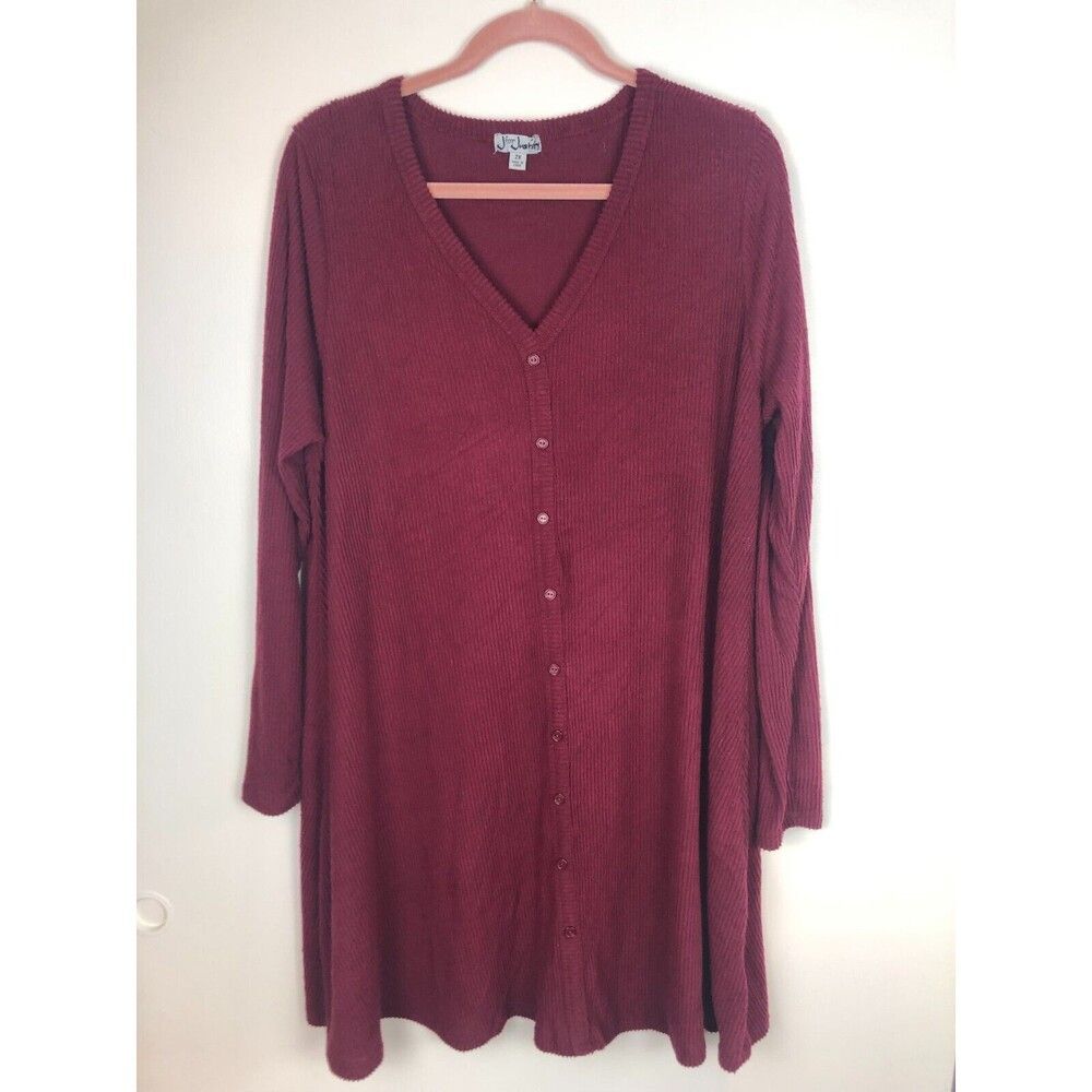 J For Justify Ribbed Long Button Up Cardigan 2X Red V-Neck Preppy Academia
